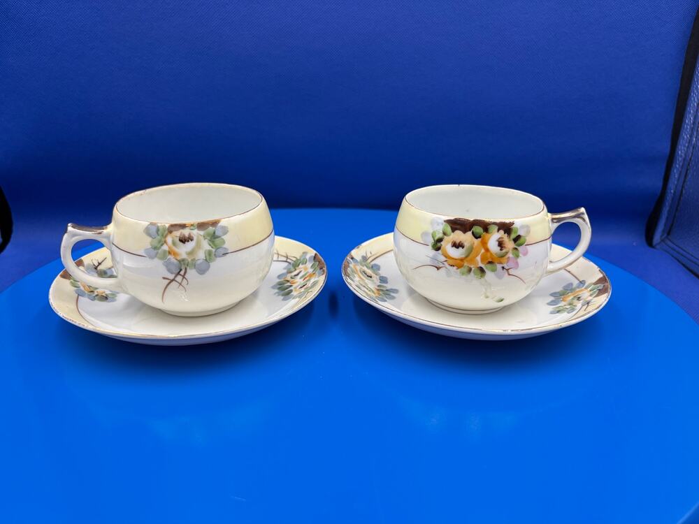 Vintage Pair of Tea Cup and Saucer with Orange Yellow Flowers Gold Trim